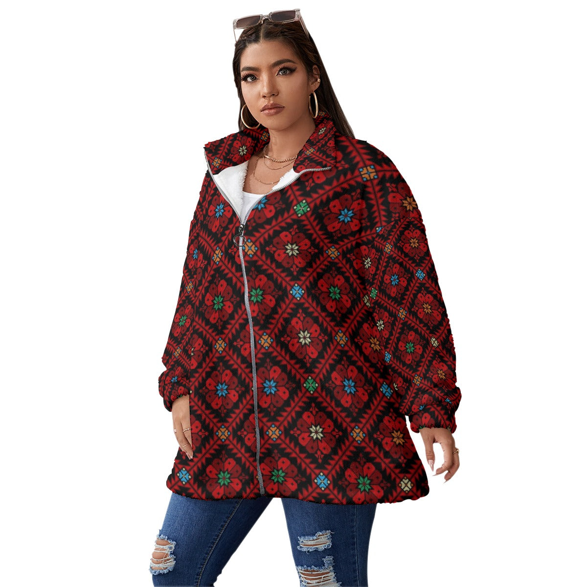 Palestinian Tatreez Print Unisex Borg Fleece Stand-up Collar Jacket (Plus Size), Red