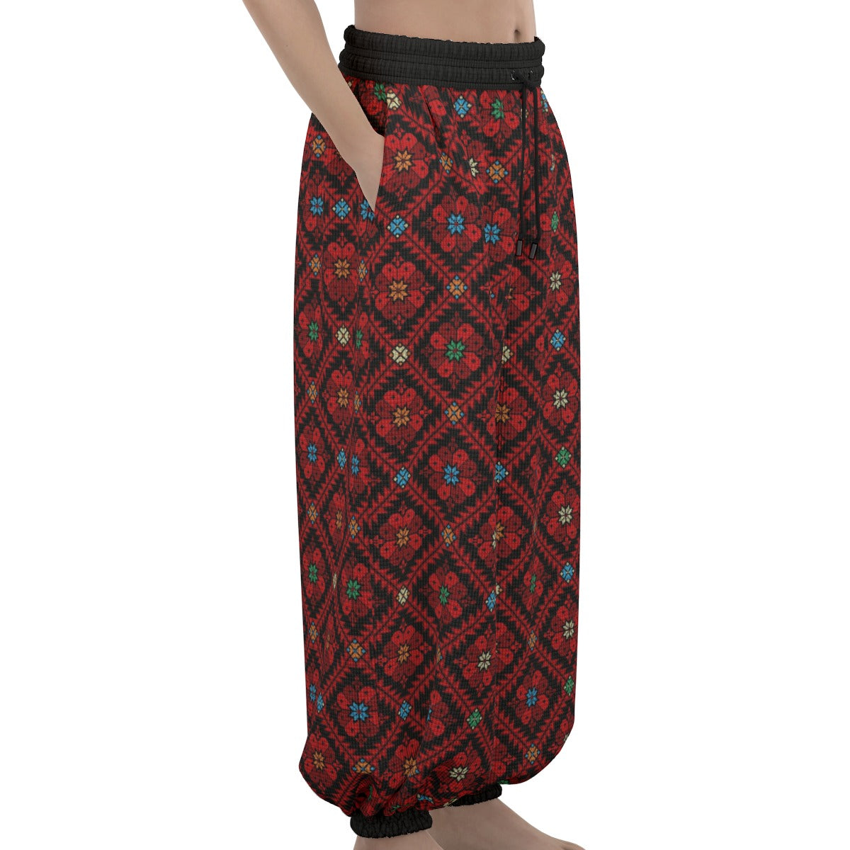 Palestinian Tatreez Print Unisex Lantern Dabkeh Pants, Red