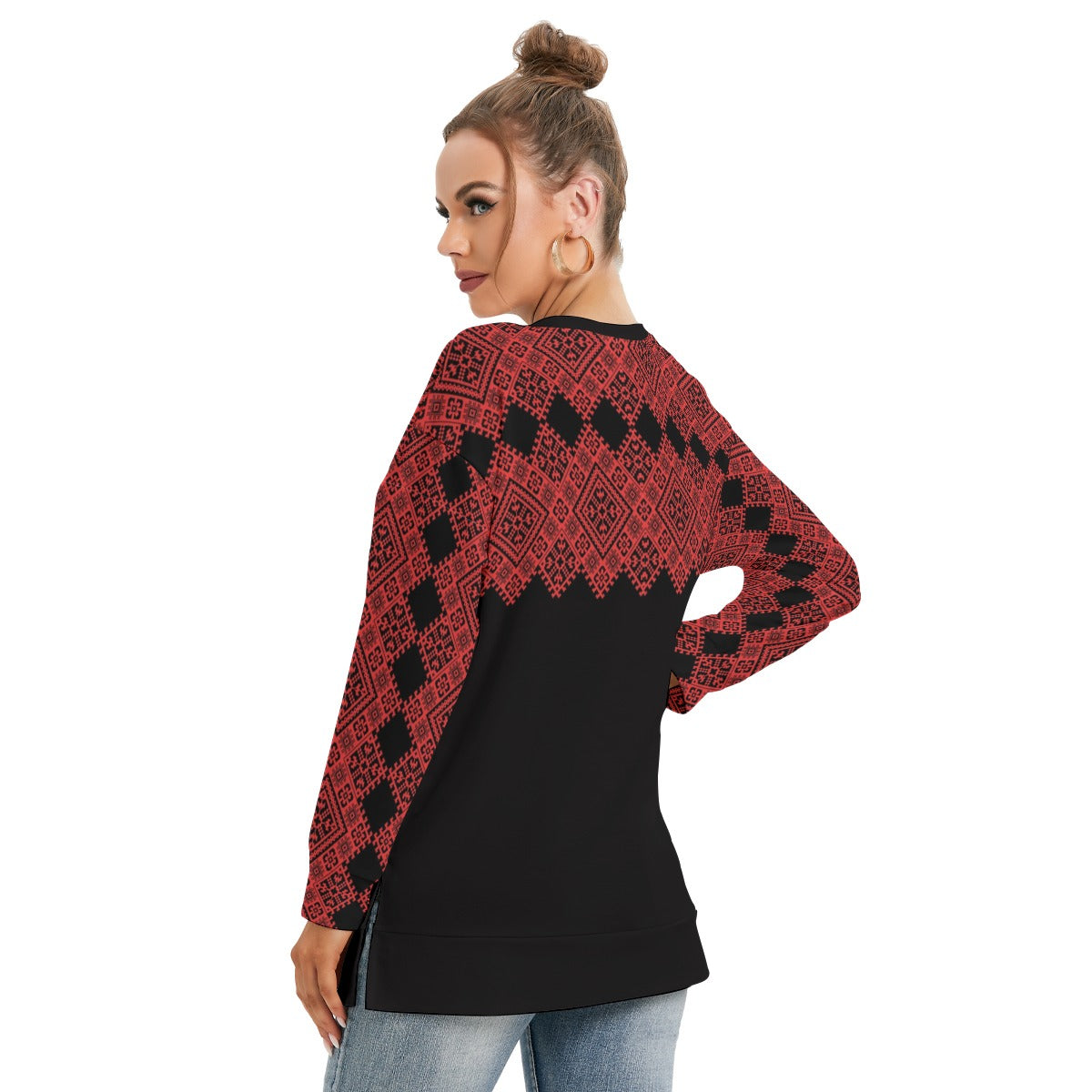 Palestinian Tatreez Pattern All-Over Print Women's Side Split O-neck Sweatshirt, Red