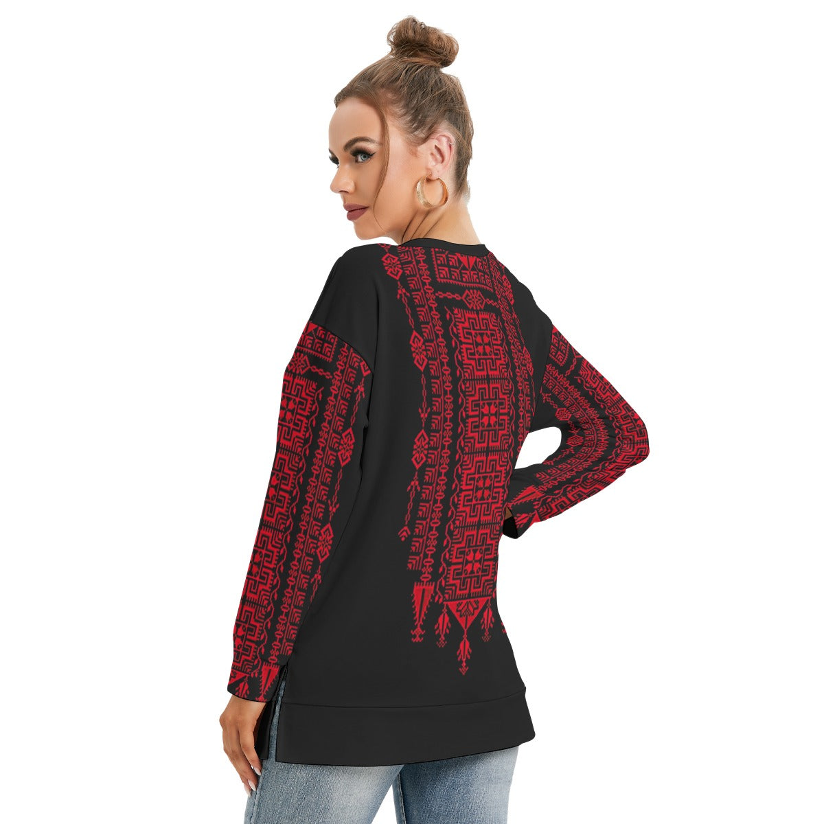 Palestinian Tatreez Print - All-Over Print Women's Side Split O-neck Sweatshirt, Red