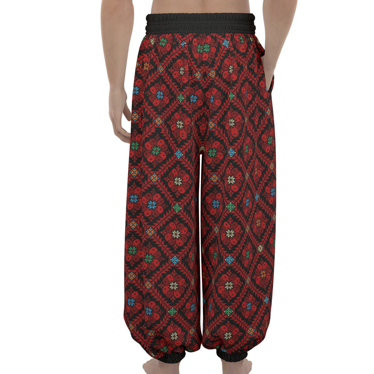 Palestinian Tatreez Print Unisex Lantern Dabkeh Pants, Red