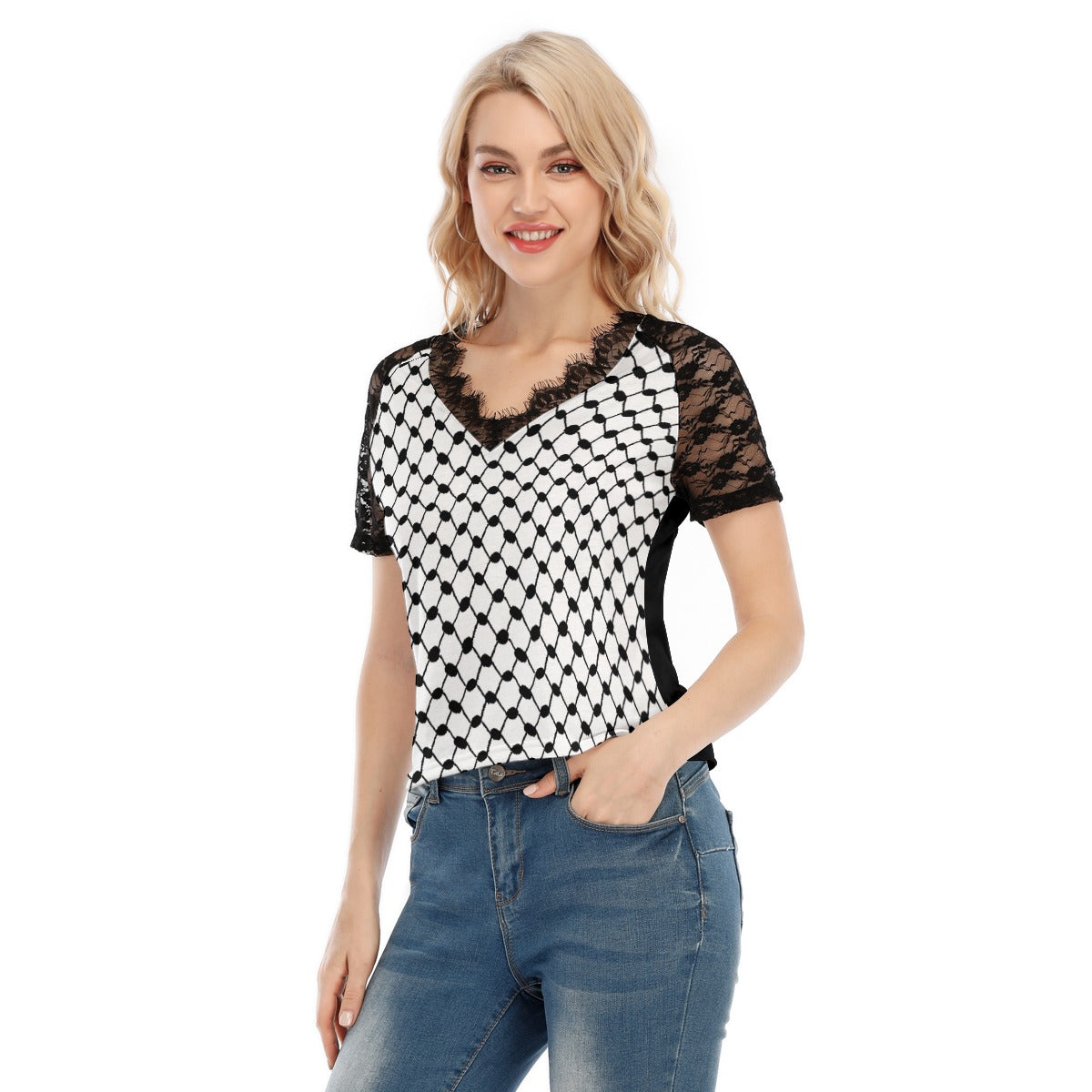 Palestinian Kuffiyeh Print Women's V-neck T-shirt With Lace