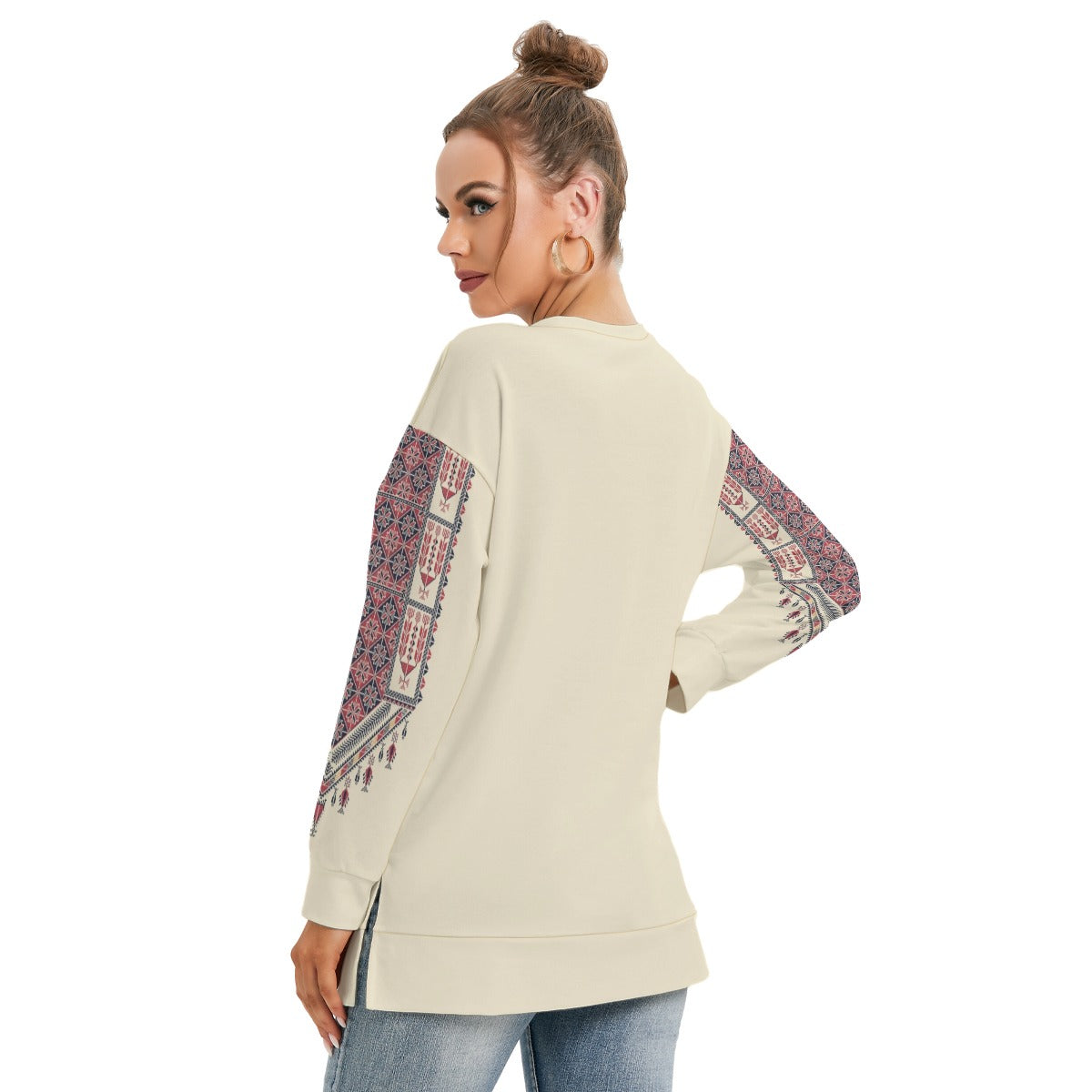 Palestinian Tatreez Over Print Women's Side Split O-neck Sweatshirt