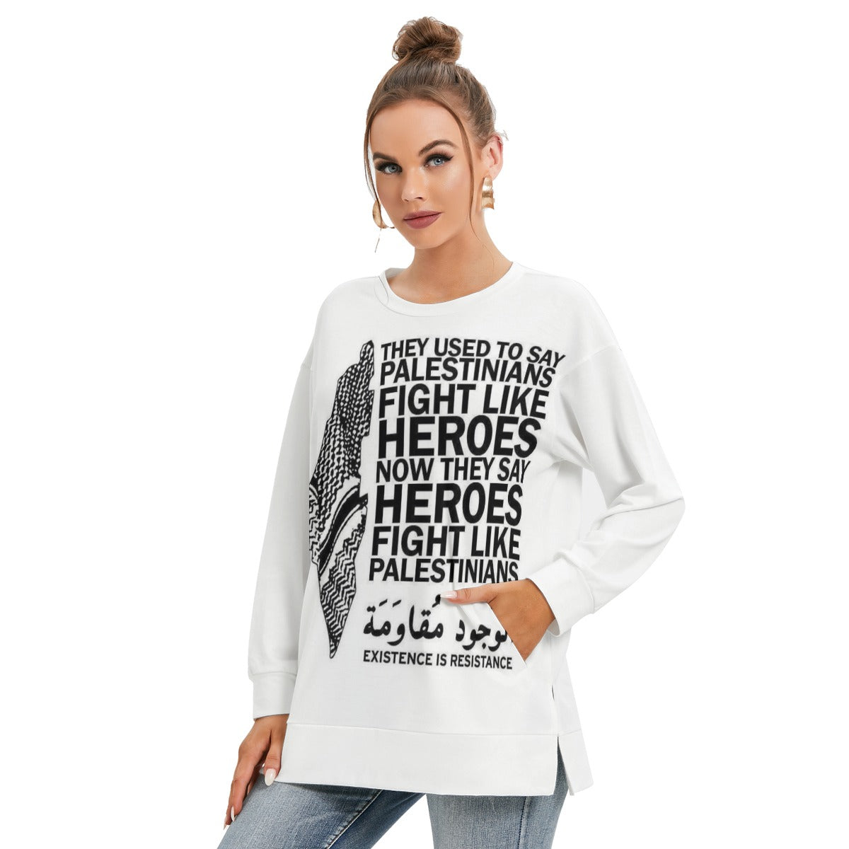 Palestinian Resistance Solidarity Heroes Print Women's Side Split O-neck Sweatshirt