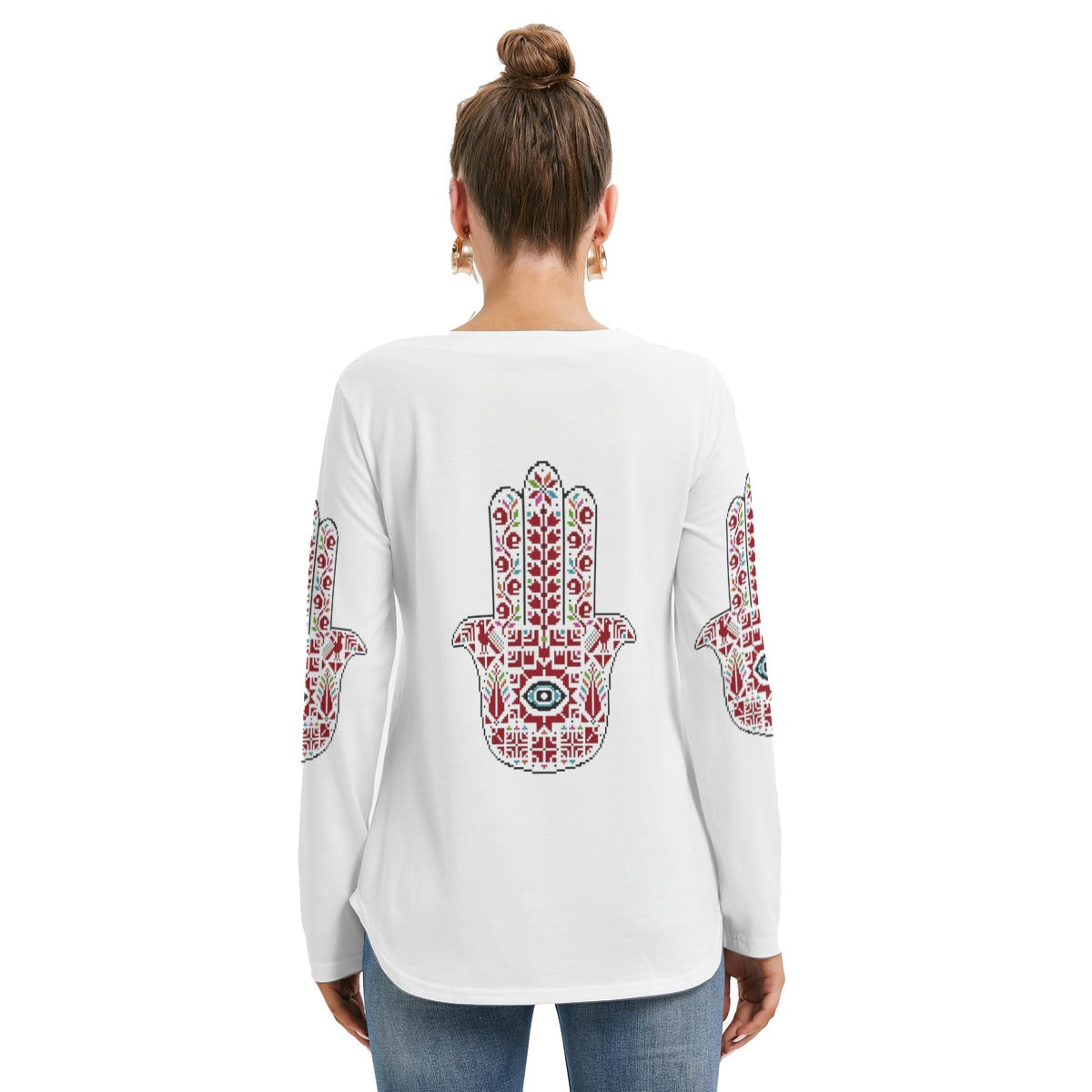 Palestinian Tatreez Print, Hamsa, Women's Long Sleeve Neckline Tie Sweatshirt, Red