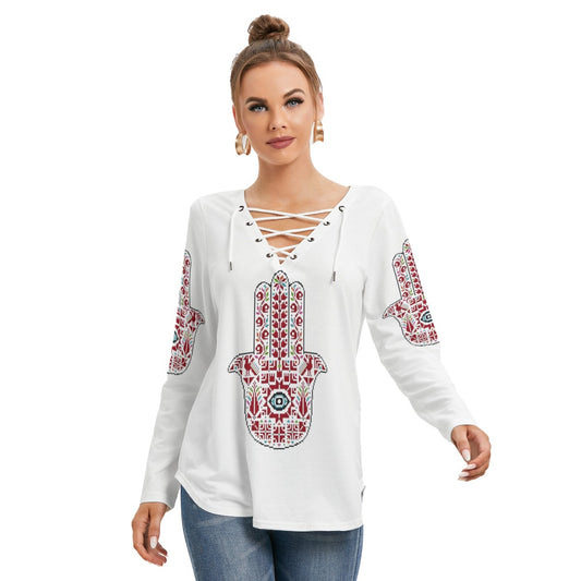 Palestinian Tatreez Print, Hamsa, Women's Long Sleeve Neckline Tie Sweatshirt, Red