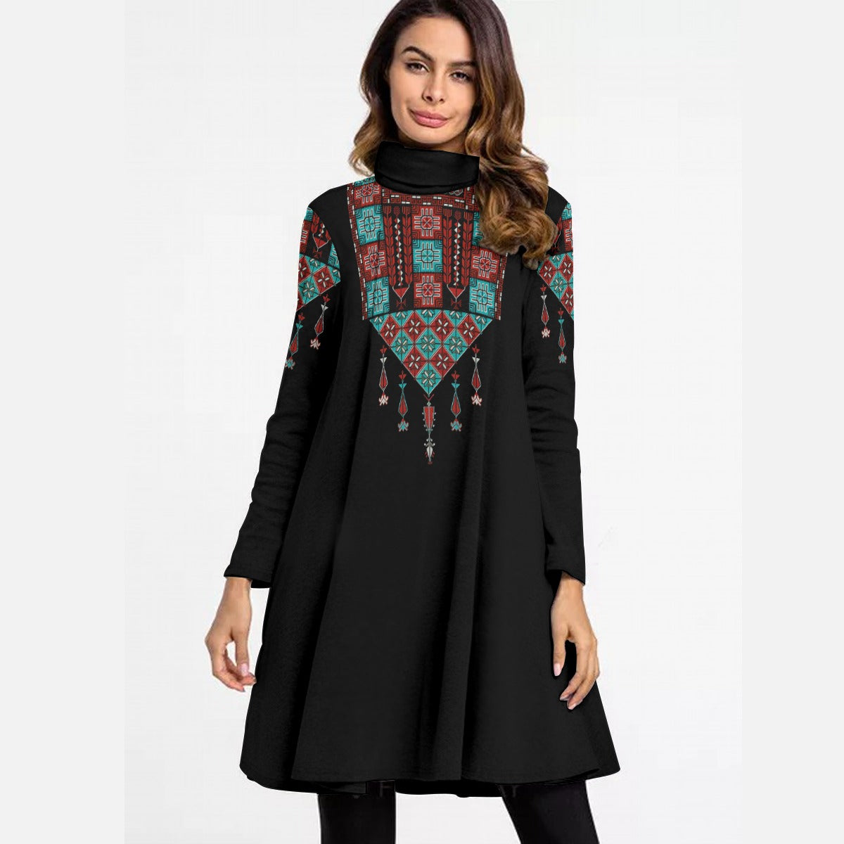 Palestinian tatreez print women's High Neck Dress With Long Sleeve