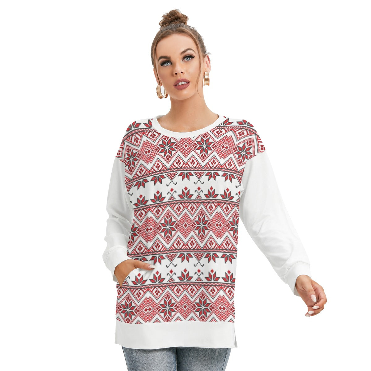 Palestinian Tatreez Pattern Print  - All-Over Print Women's Side Split O-neck Sweatshirt, Red