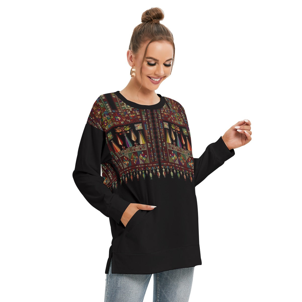 Palestinian Tatreez Pattern print - All-Over Print Women's Side Split O-neck Sweatshirt