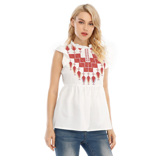 Palestinian Tatreez Print Women's Blouse With Lotus Leaf Lace, Red