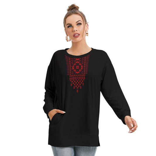 Palestinian Tatreez Print Women's Side Split O-neck Sweatshirt, Red