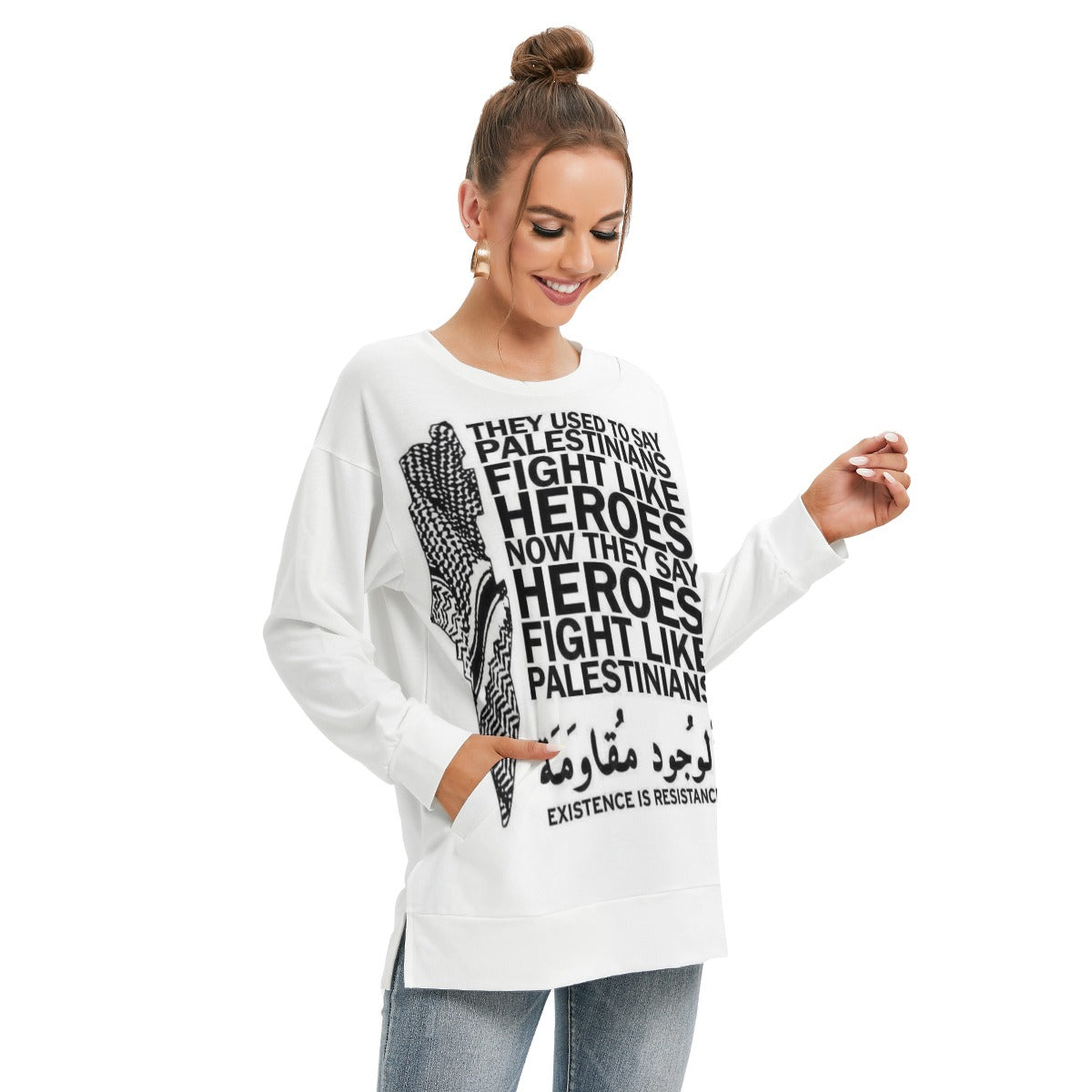 Palestinian Resistance Solidarity Heroes Print Women's Side Split O-neck Sweatshirt