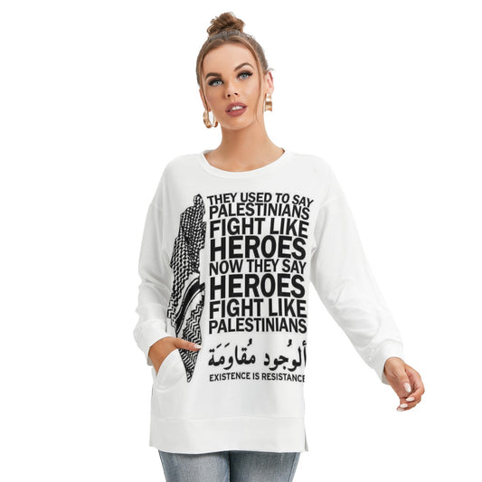 Palestinian Resistance Solidarity Heroes Print Women's Side Split O-neck Sweatshirt