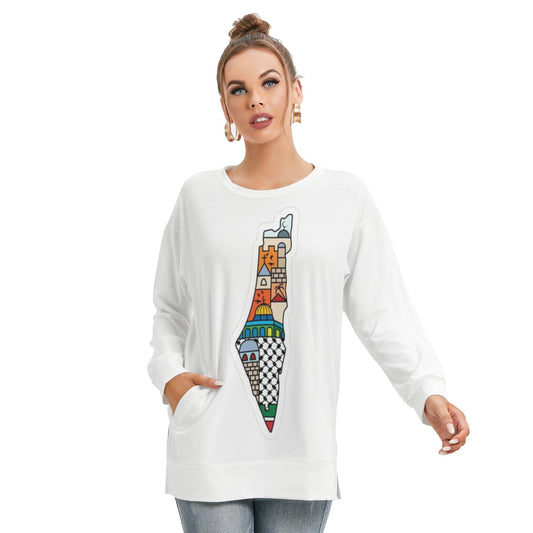 Palestinian Map All-Over Print Women's Side Split O-neck Sweatshirt