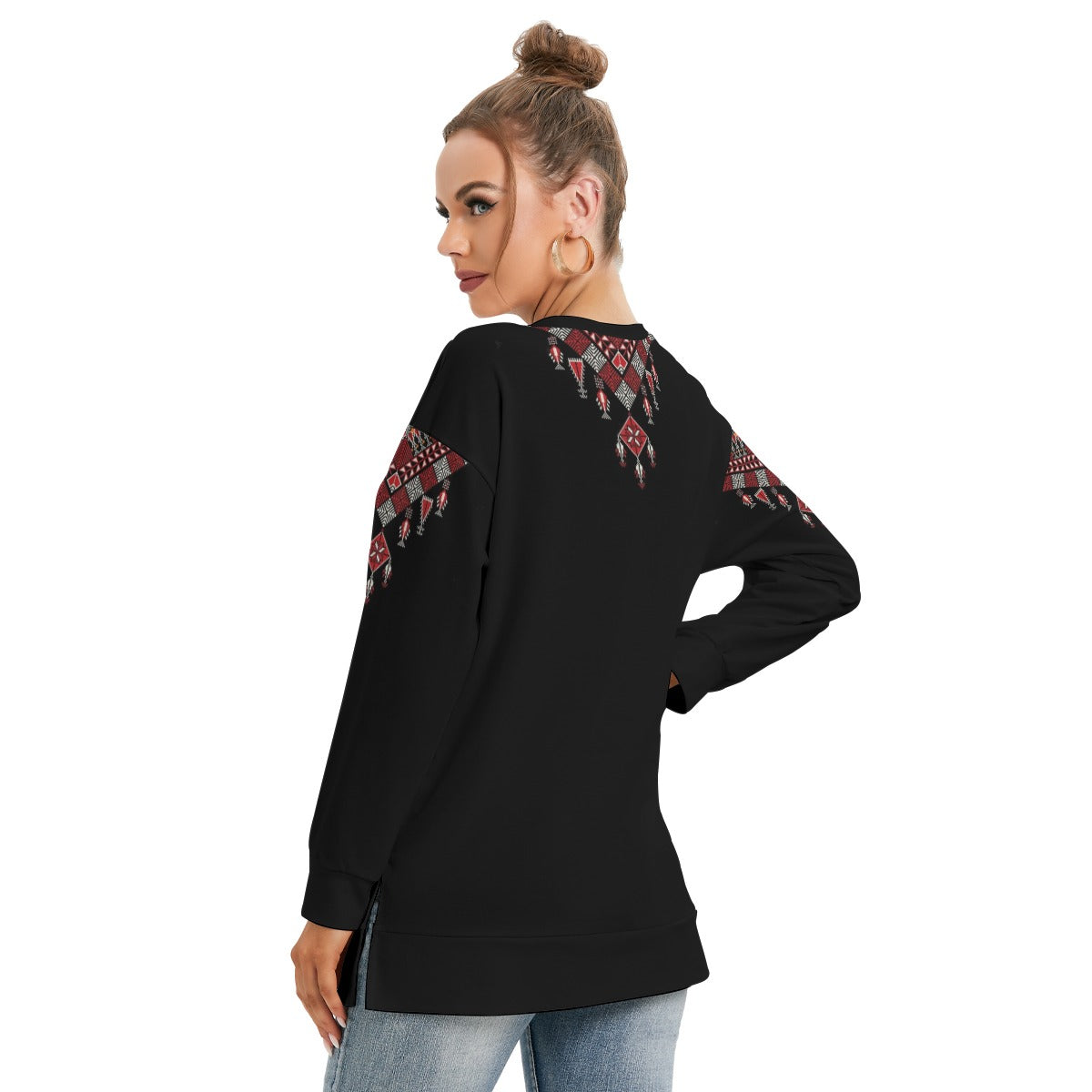 Palestinian Tatreez Print Women's Side Split O-neck Sweatshirt