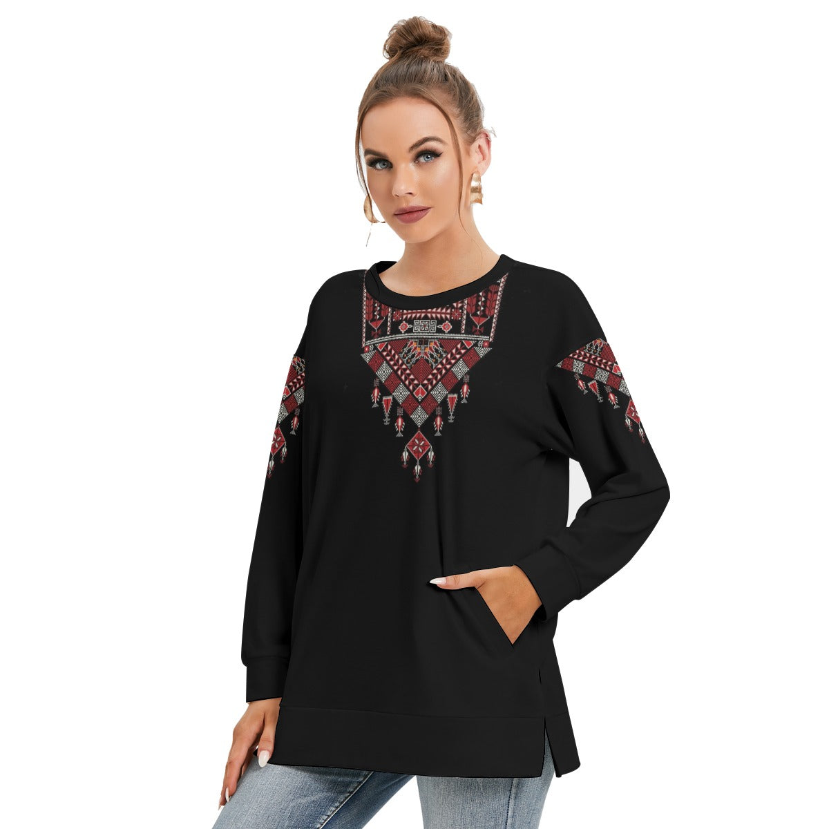 Palestinian Tatreez Print Women's Side Split O-neck Sweatshirt