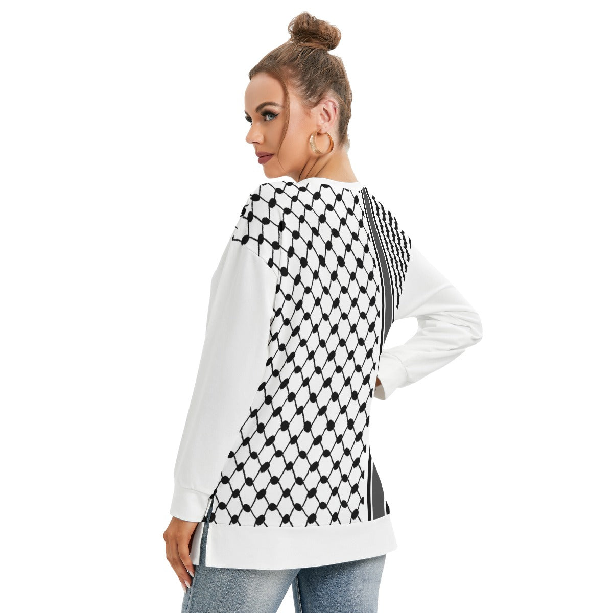 Palestinian Keffiyeh, Kufiyah All-Over Print Women's Side Split O-neck Sweatshirt