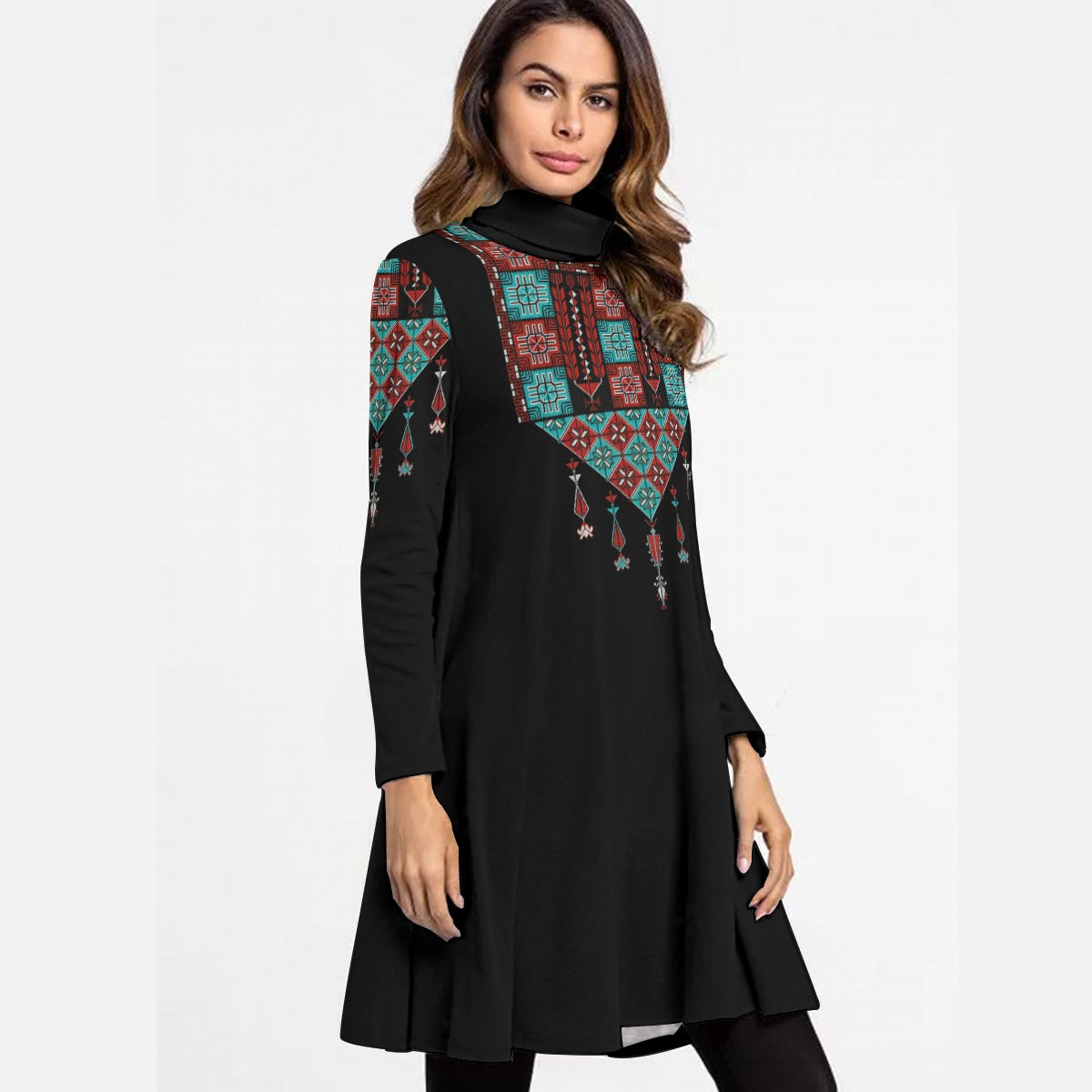 Palestinian tatreez print women's High Neck Dress With Long Sleeve