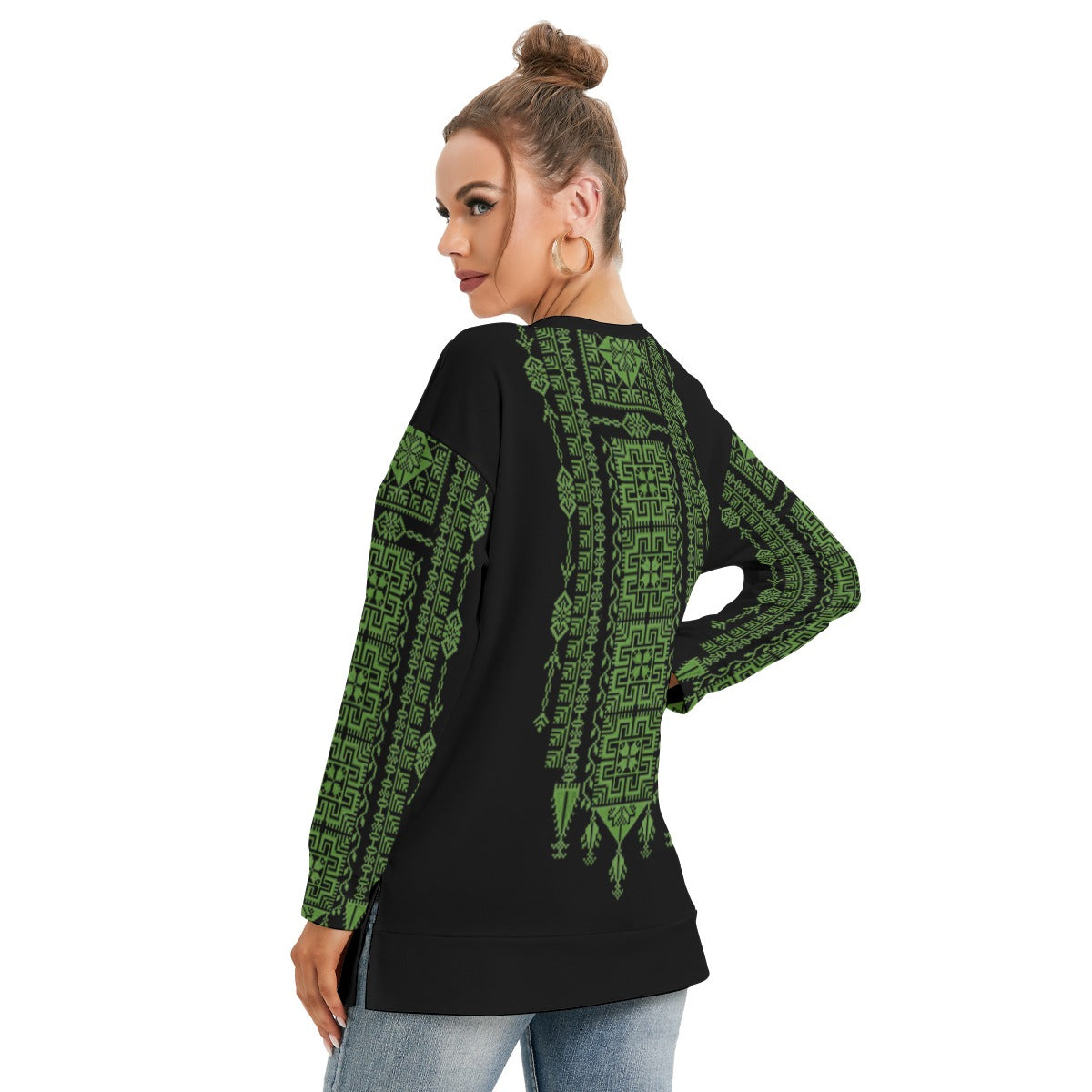 Palestinian Tatreez pattern - All-Over Print Women's Side Split O-neck Sweatshirt