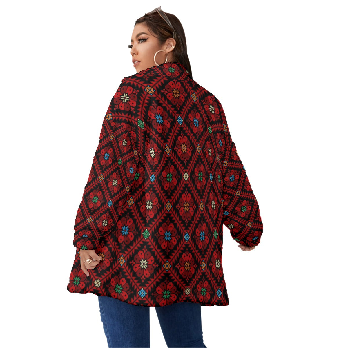 Palestinian Tatreez Print Unisex Borg Fleece Stand-up Collar Jacket (Plus Size), Red