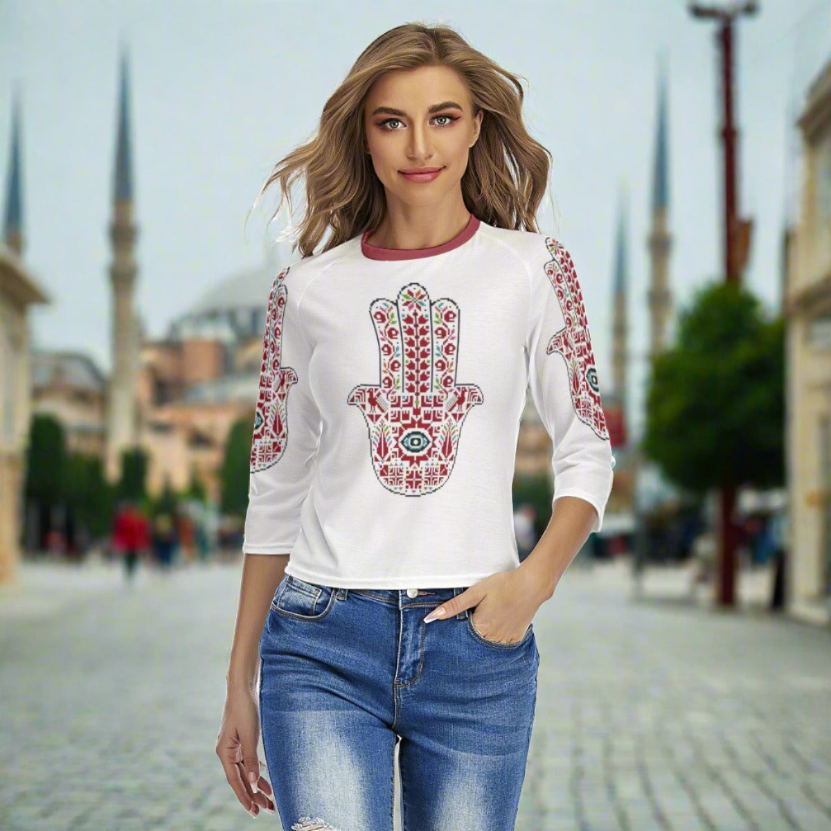 Palestinian Tatreez Hamsa Print Women's Raglan Sleeves T-shirts