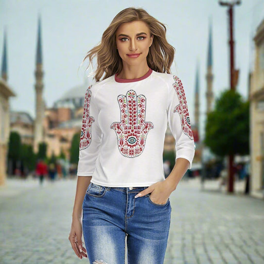 Palestinian Tatreez Hamsa Print Women's Raglan Sleeves T-shirts