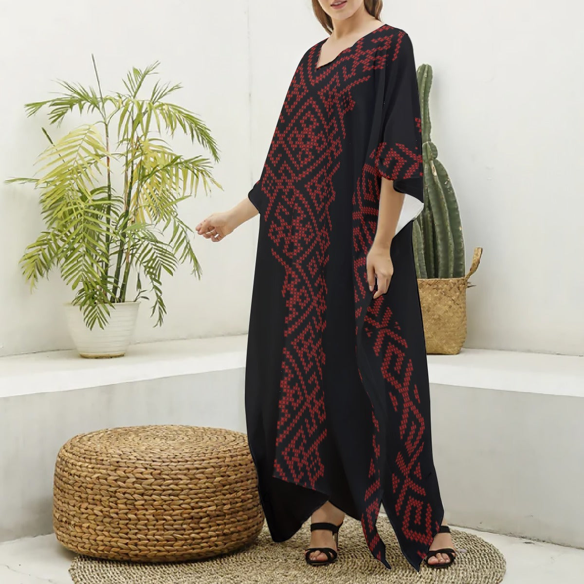 Palestinian Tatreez Print Imitation Silk V-neck Kaftan Robe Abaya,, Red