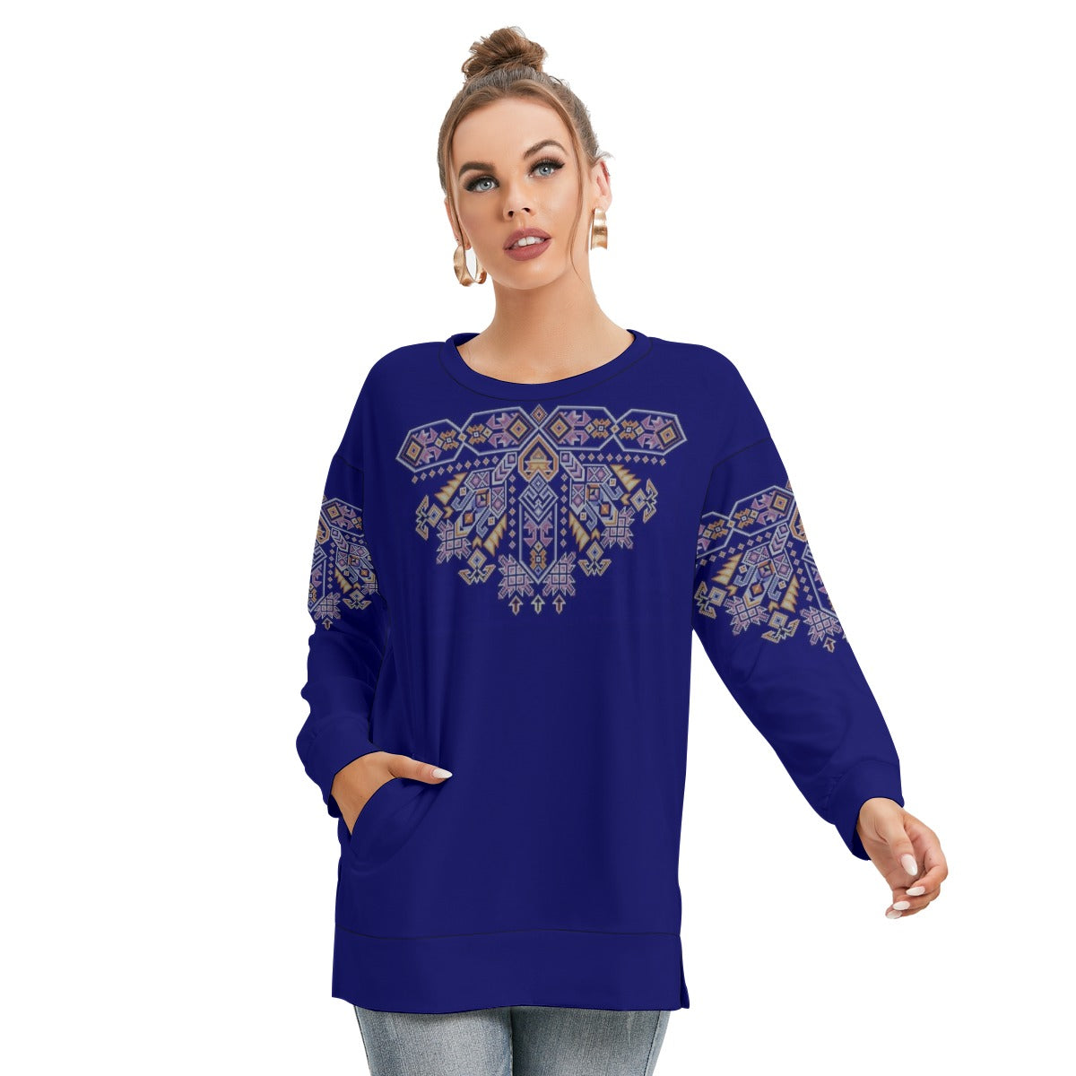 Palestinian Arabian Tatreez Print Women's Side Split O-neck Sweatshirt