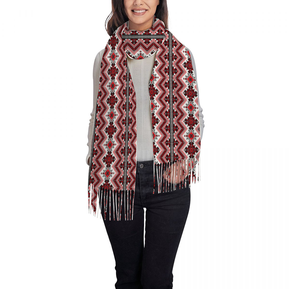 Palestinian Tatreez Print Pattern Tassel Scarf  for Women, Red