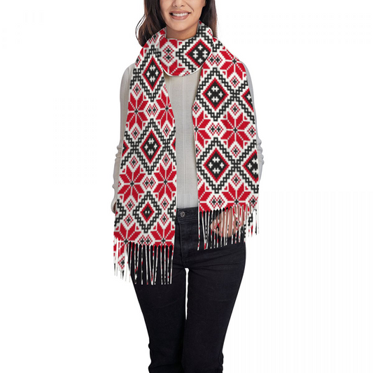 Palestinian Tatreez Tassel Scarf Neckerchief for Women 28.35" x 77.56", Red