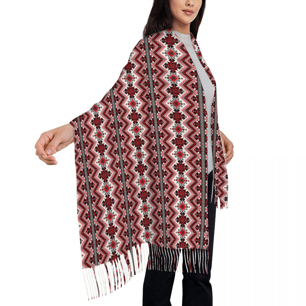 Palestinian Tatreez Print Pattern Tassel Scarf  for Women, Red