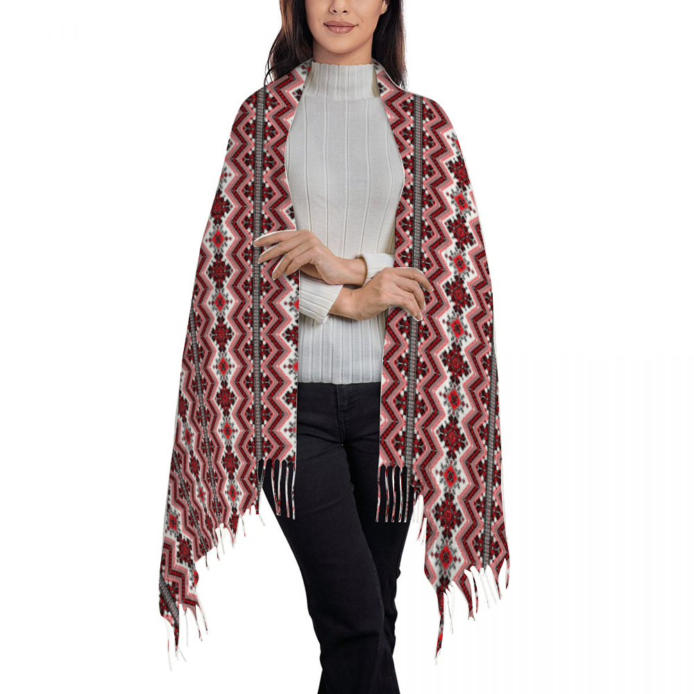 Palestinian Tatreez Print Pattern Tassel Scarf  for Women, Red