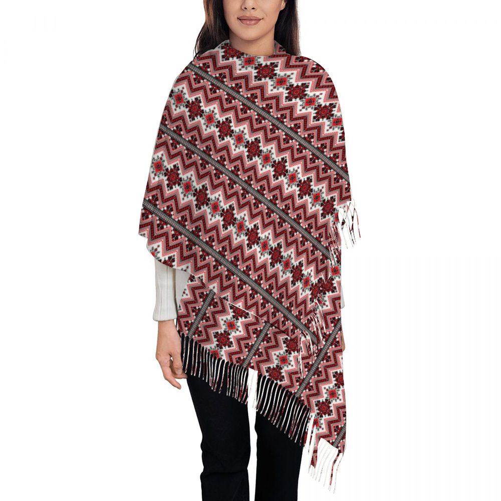 Palestinian Tatreez Print Pattern Tassel Scarf  for Women, Red