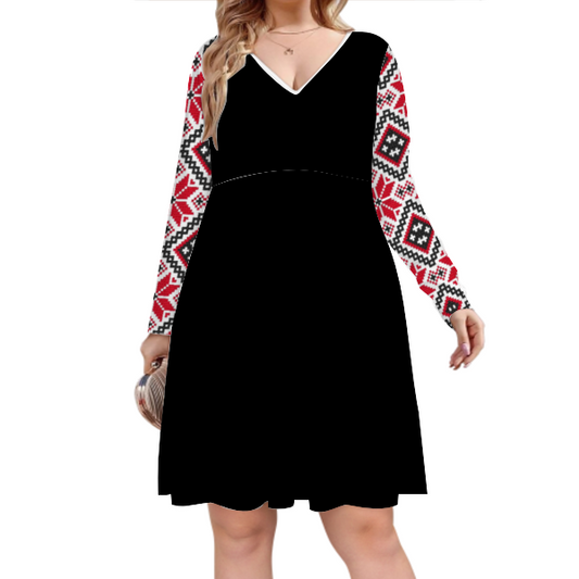 Palestinian Tatreez print Women's V-Neck Oversized Size Dress Fashion Dress, Red