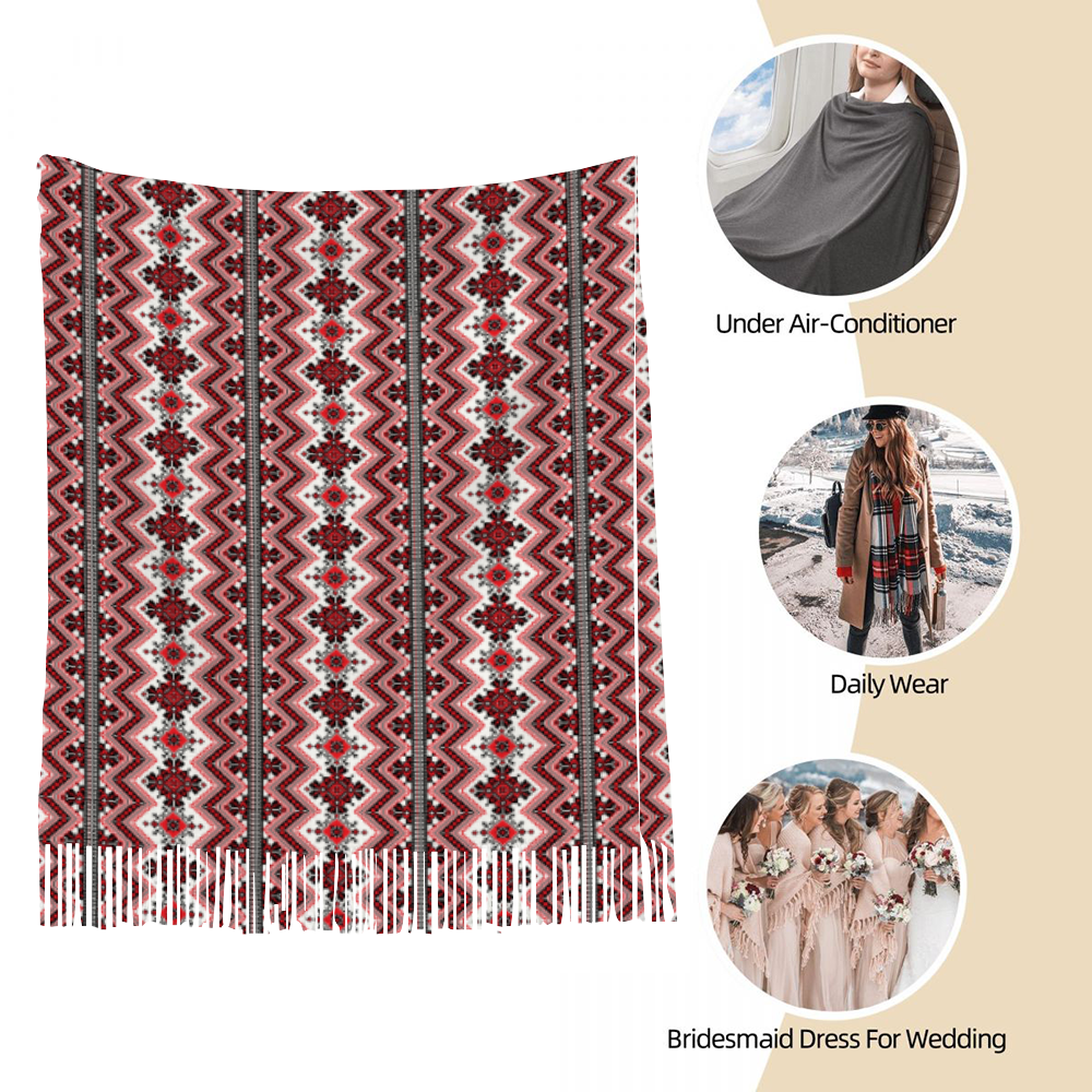 Palestinian Tatreez Print Pattern Tassel Scarf  for Women, Red