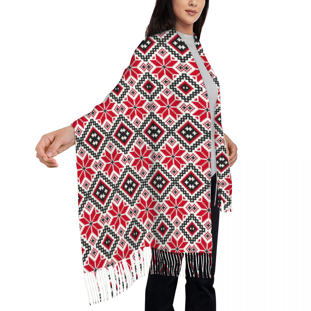 Palestinian Tatreez Tassel Scarf Neckerchief for Women 28.35" x 77.56", Red