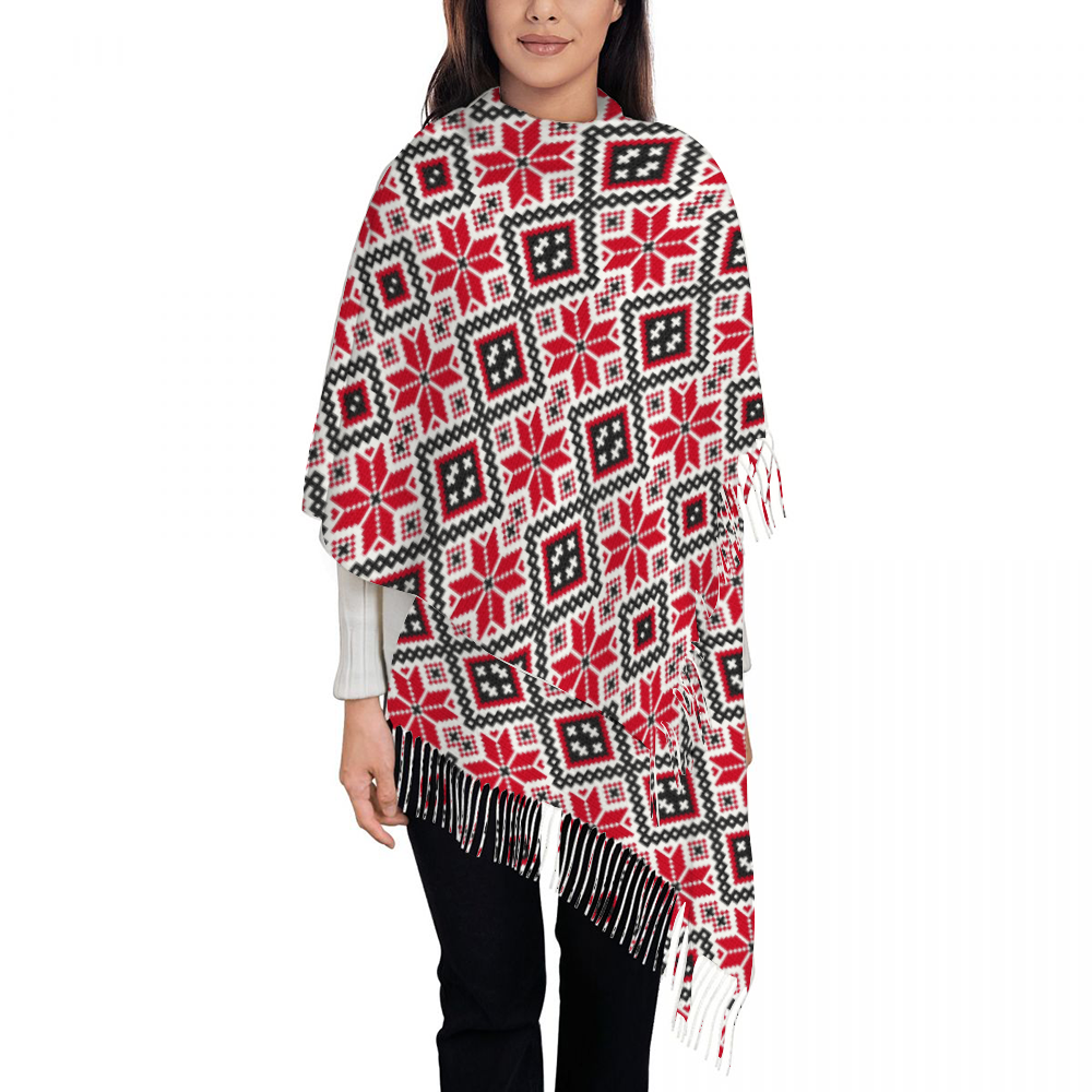 Palestinian Tatreez Tassel Scarf Neckerchief for Women 28.35" x 77.56", Red