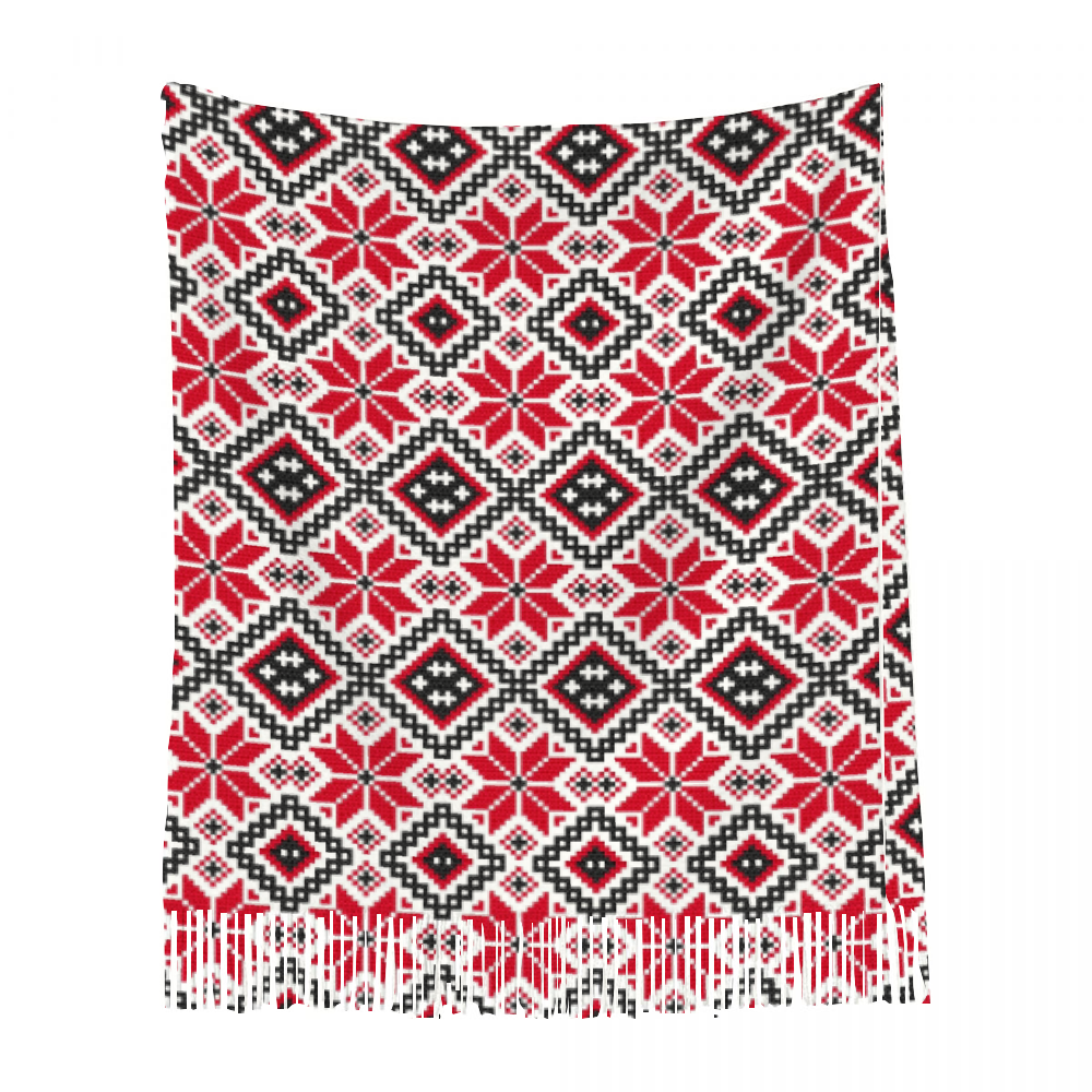 Palestinian Tatreez Tassel Scarf Neckerchief for Women 28.35" x 77.56", Red